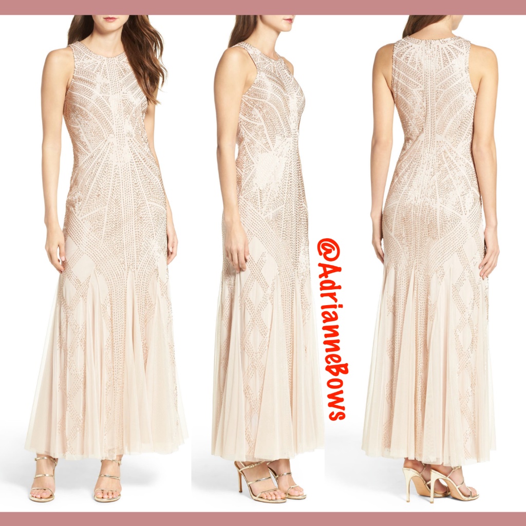 New $369 Adrianna Papell Beaded Halter Gown In Cream W/Rose Gold [Sz 2 ]